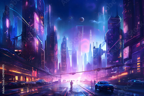 Beautiful neon night in a cyberpunk city. Illustration of the futuristic city skyscraper.