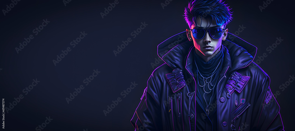 An appealing man in futuristic garb is depicted in a cyberpunk painting. Generative AI. An appealing man in futuristic garb is depicted in a cyberpunk painting. Generative AI.