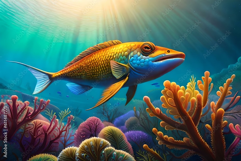 mythical sea creature emerging from the depths of the ocean, with a shimmering tail, glistening scales, and a crown of coral and pearls. Show it gracefully swimming among vibrant coral reefs mythical sea creature emerging from the depths of the ocean, with a shimmering tail, glistening scales, and a crown of coral and pearls. Show it gracefully swimming among vibrant coral reefs