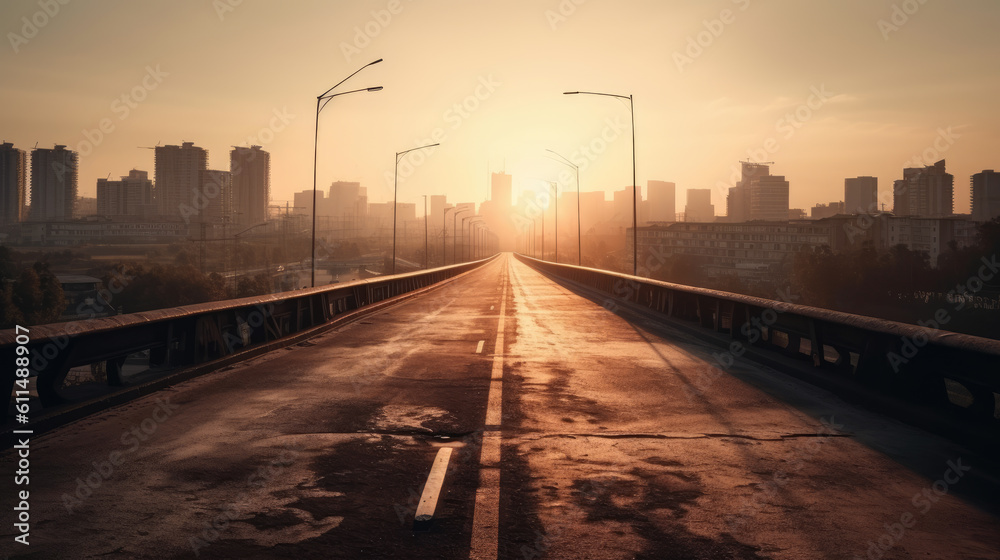 Asphalt road and bridge with city skyline at sunset. Generative AI