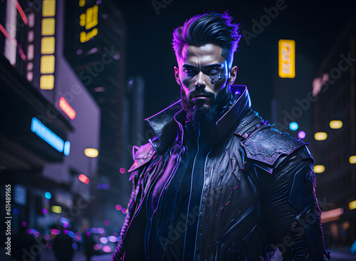 An appealing man in futuristic garb is depicted in a cyberpunk painting. Generative AI.