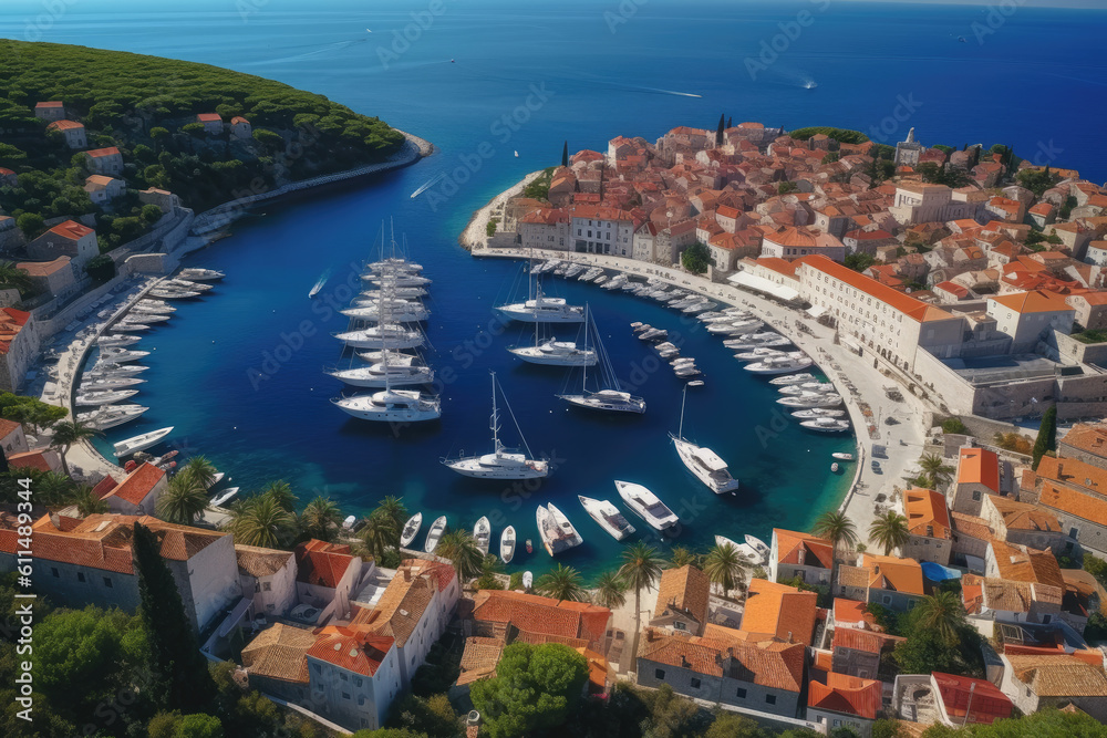 Old town of Hvar bay and harbor aerial view. Generative AI