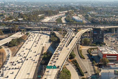 Inglewood, California - Aerial view of the The 405 and 105 Century Freeway interchange next LAX airport in Los Angeles, Southern California photo