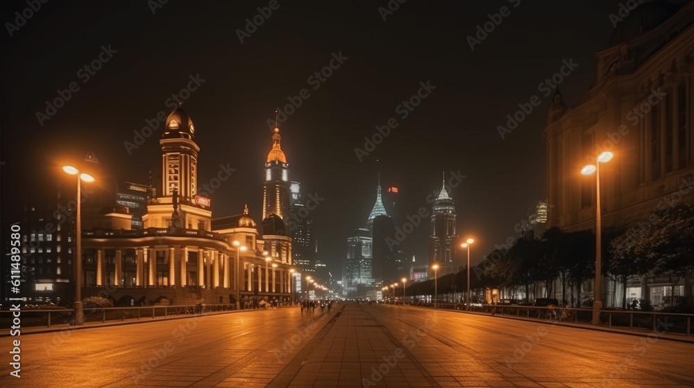 City square and skyline with buildings in Shanghai at night, China. Generative AI