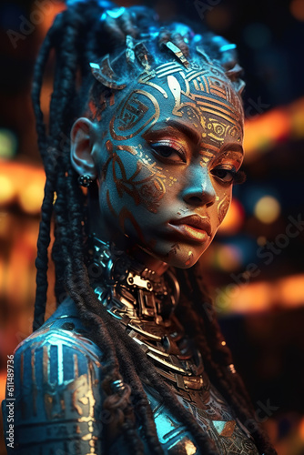 A close up of a person with blue paint on their face. Generative AI. African model with futuristic face paint. © tilialucida