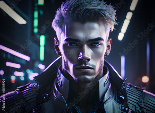 An appealing man in futuristic garb is depicted in a cyberpunk painting. Generative AI.