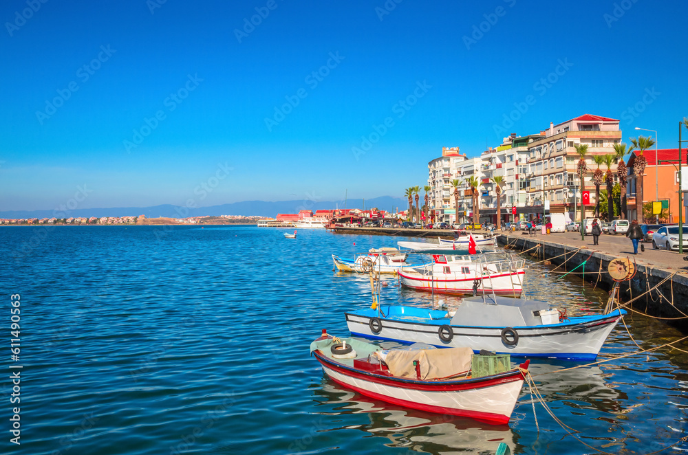 Beautiful sea landscape with boats in city Ayvalik, Turkey
