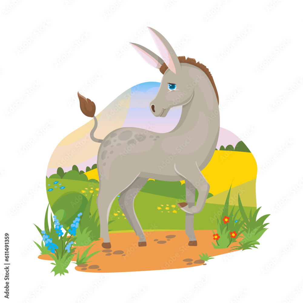 Gray donkey. Agricultural animals. Pets. Village. Farm. Vector illustration on a white background. Gray donkey. Agricultural animals. Pets. Village. Farm. Vector illustration on a white background.