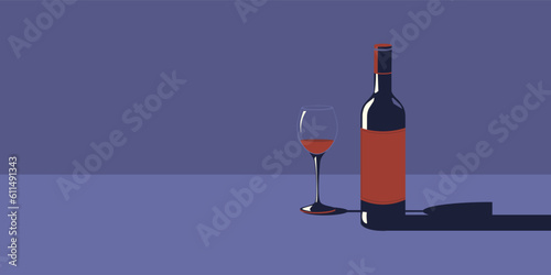 Illustration of a bottle of wine and a glass of wine in retro style.