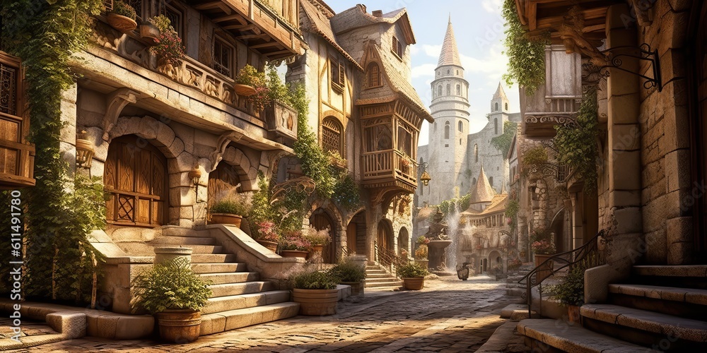 Obraz premium AI Generated. AI Generative. Medieval town in Spain Merengue. Old architecture adventure vacation style. Graphic Art