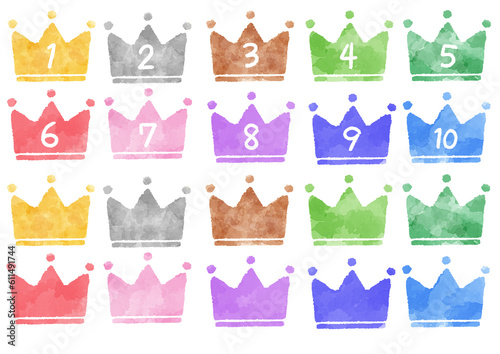 数字と王冠のイラスト 手描き 水彩風