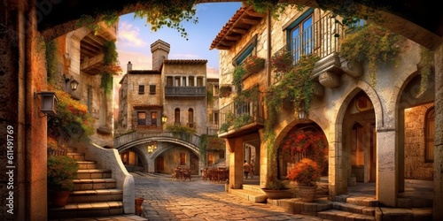 AI Generated. AI Generative. Medieval town in Spain Merengue. Old architecture adventure vacation style. Graphic Art