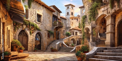 AI Generated. AI Generative. Medieval town in Spain Merengue. Old architecture adventure vacation style. Graphic Art