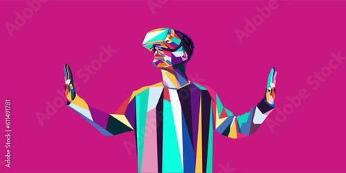 Vector illustration of a man wearing virtual reality glasses. The concept of modern technology. In modern art style.