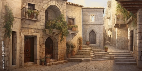 AI Generated. AI Generative. Medieval town in Spain Merengue. Old architecture adventure vacation style. Graphic Art