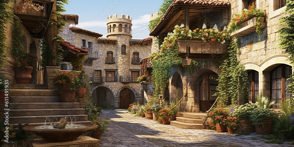 Fototapeta premium AI Generated. AI Generative. Medieval town in Spain Merengue. Old architecture adventure vacation style. Graphic Art