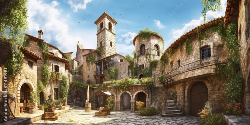AI Generated. AI Generative. Medieval town in Spain Merengue. Old architecture adventure vacation style. Graphic Art