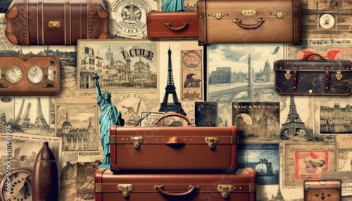 vintage travel collage background white no picture -Created using generative AI tools © Didar