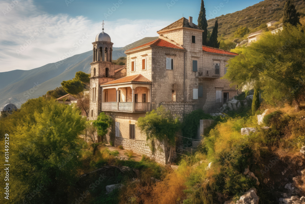 Old architecture in Tivat, Montenegro. Kotor bay, Adriatic sea. Catholic Church of Saint Roch in Donja Lastva village. Montenegro, Kotor Bay, Tivat. Generative AI