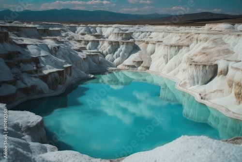 Aerial top view Pamukkale Turkey travertine pools, nature terraces with blue water. Generative AI © Kateryna