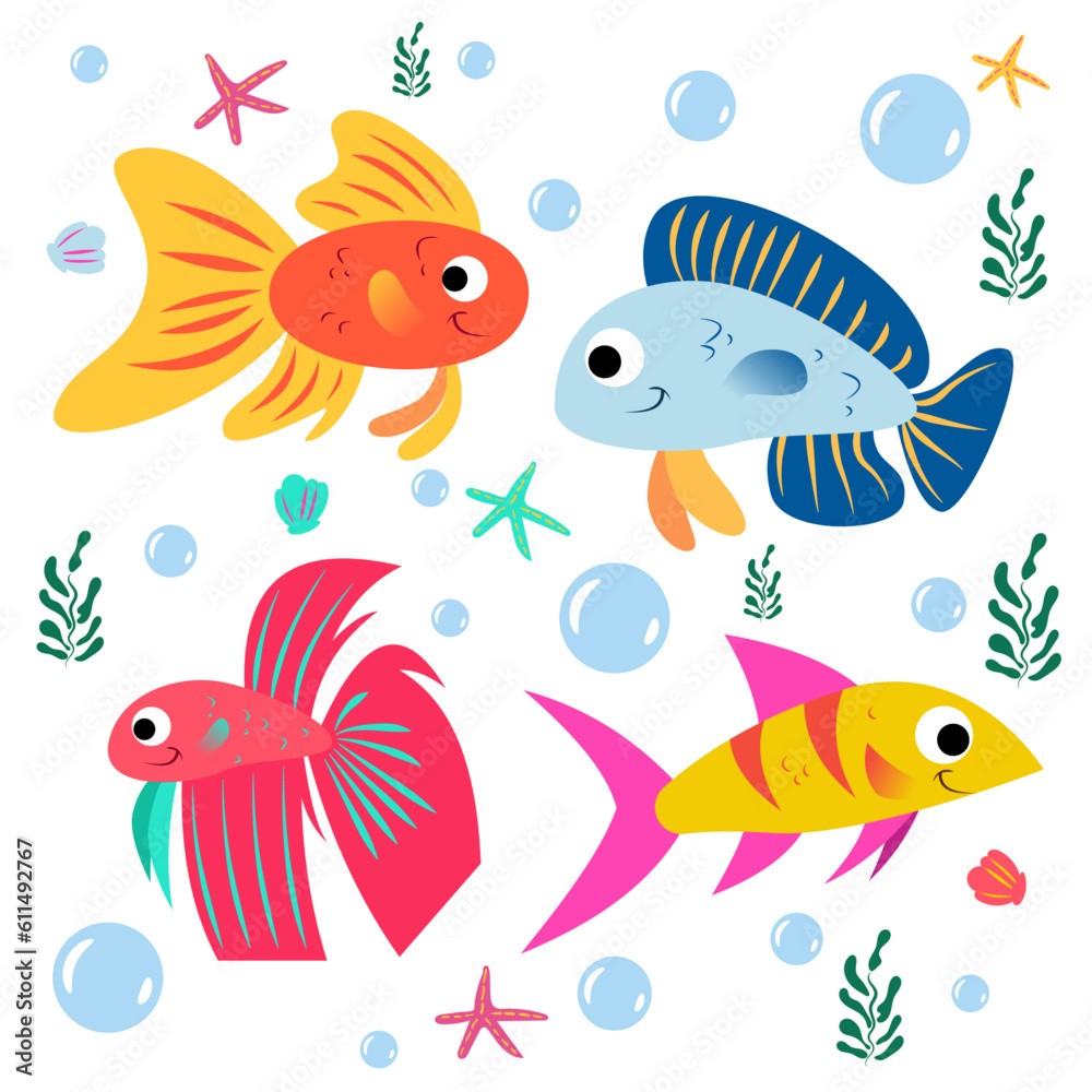 Fish swimming happily among sea stars. Cartoon style