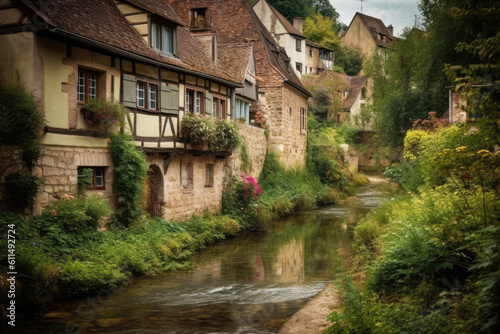 Picturesque quaint European town with charming medieval houses. Generative AI