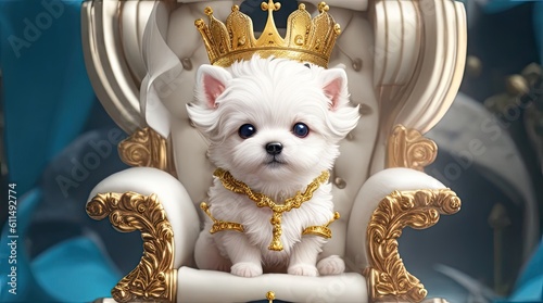 A cute little white dog with olden crown on a chair.