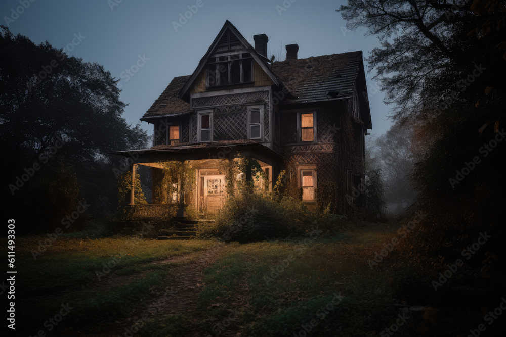 Haunted house, old worn-down abandoned home, creepy and spooky. Generative AI Haunted house, old worn-down abandoned home, creepy and spooky. Generative AI