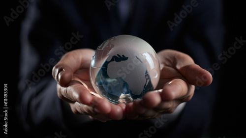 close-up of hands holding world sphere in brown