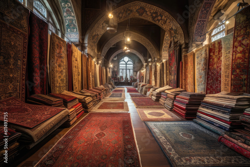 Multiple carpets at the Grand Bazaar in Istanbul, Turkey. Generative AI