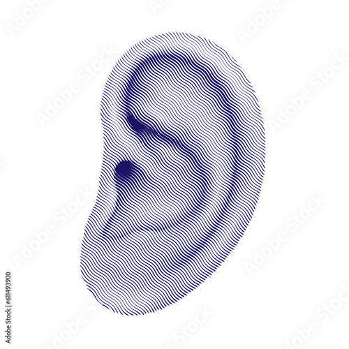 Human etched ear hand draw vintage clip art, blue wavy stamp isolated on white background