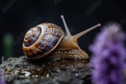 A snail slowly crawls on a wet stone against a background of lavender flowers. Generative AI