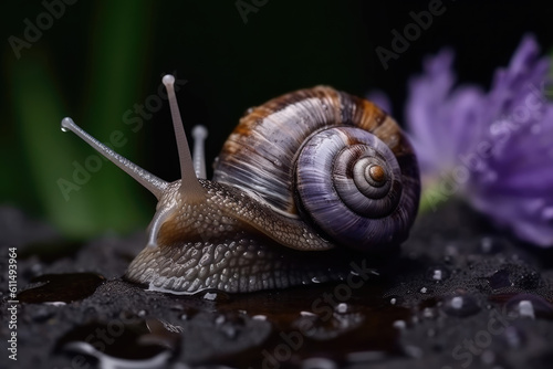 A snail slowly crawls on a wet stone against a background of lavender flowers. Generative AI © Kateryna