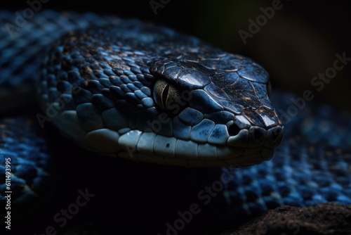Blue viper snake closeup face. Generative AI
