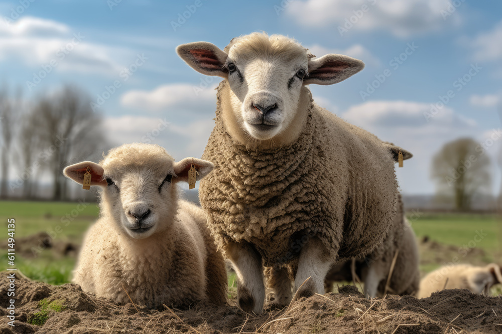 Portrait of a mother sheep posing with her shy two little lambs on the top of a Dutch dike. It is spring but the ewe still has her thick winter coat on. Generative AI