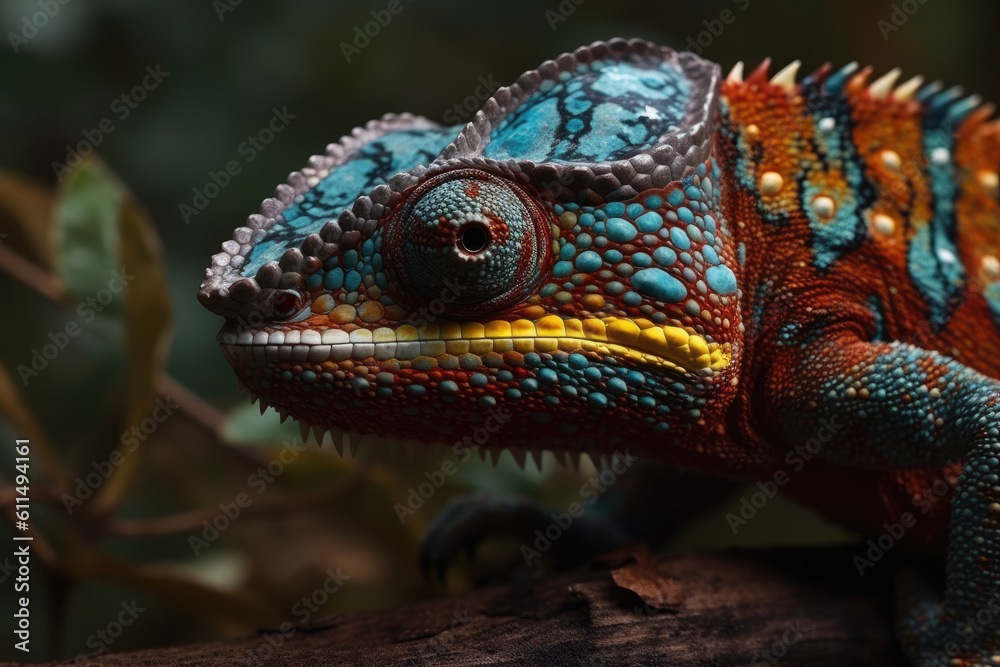 Closeup of a colorful chameleon lizard. Generative AI Closeup of a colorful chameleon lizard. Generative AI