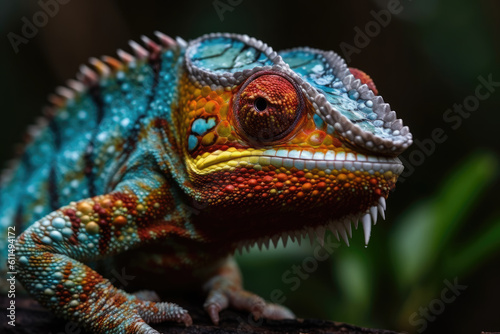 Closeup of a colorful chameleon lizard. Generative AI