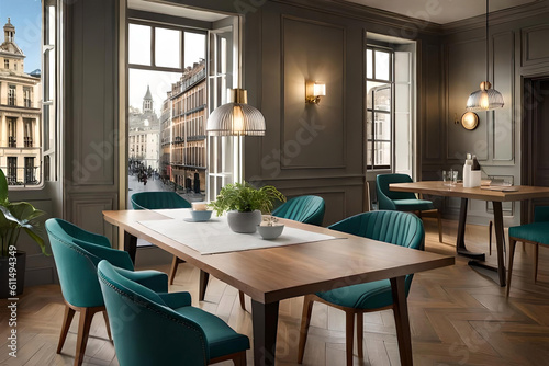 Step into a world of sophistication with a captivating image that captures a chic bistro's blurred background, accentuated by a gentle blur effect, while a wooden table exudes timeless charm © Beste stock