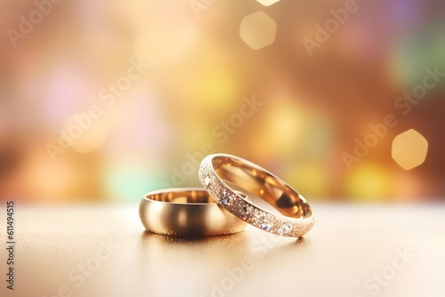 Fototapeta two gold wedding rings are in front of a pastel bokeh background, in the style o