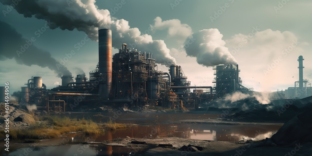 AI Generated. AI Generative. Heavy industry pollutes factory ecology catastrophe. Dirty air smog. Graphic Art