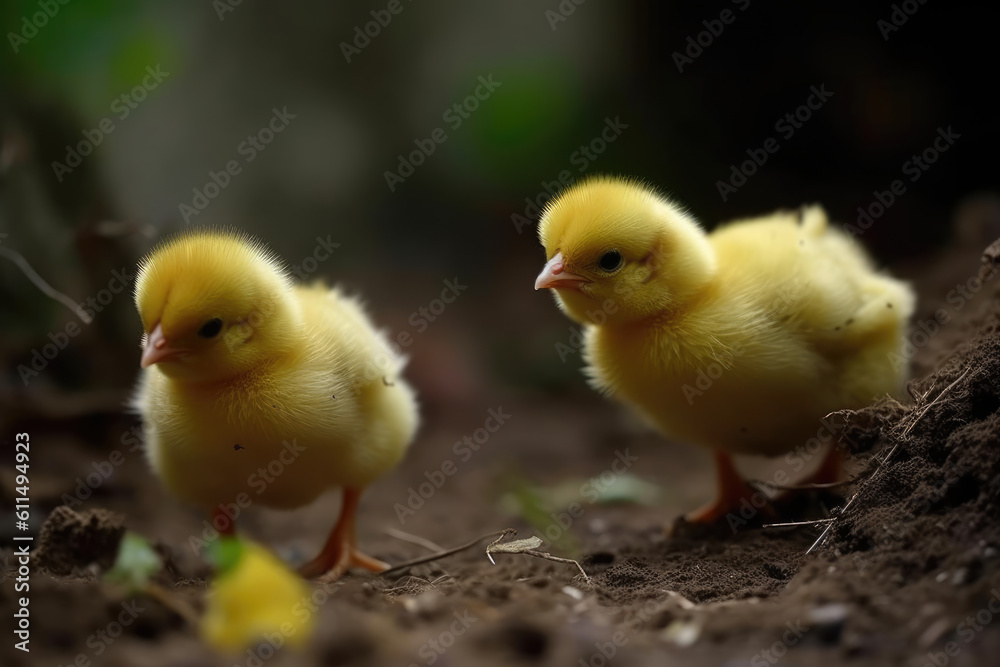 Yellow chicks foraging happily. Close up. Generative AI