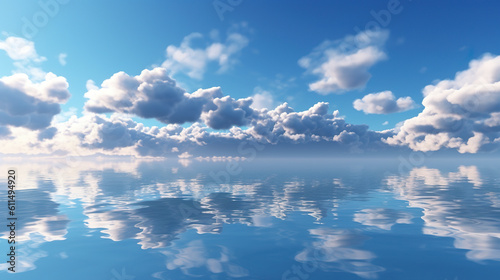 A large calm sea or lake with reflection with clouds in the sky. Generative AI.