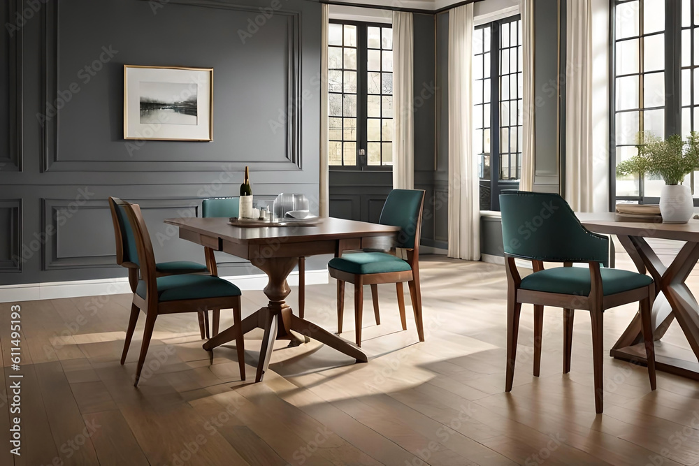Fototapeta premium Step into a world of sophistication with a captivating image that captures a chic bistro's blurred background, accentuated by a gentle blur effect, while a wooden table exudes timeless charm