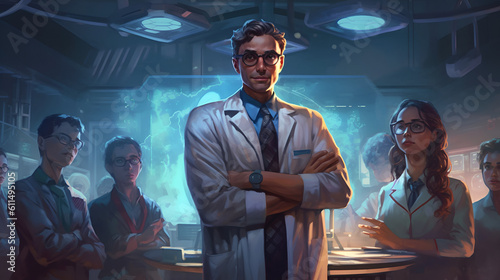 Scientists at the lab The scientist stood confidently with his arms crossed, looking at the camera with a team behind him Generative AI