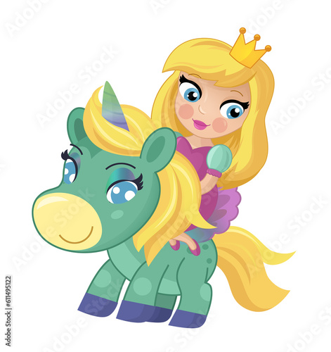 cartoon scene with princess sorceress riding on flying horse pegasus isolated illustration for children