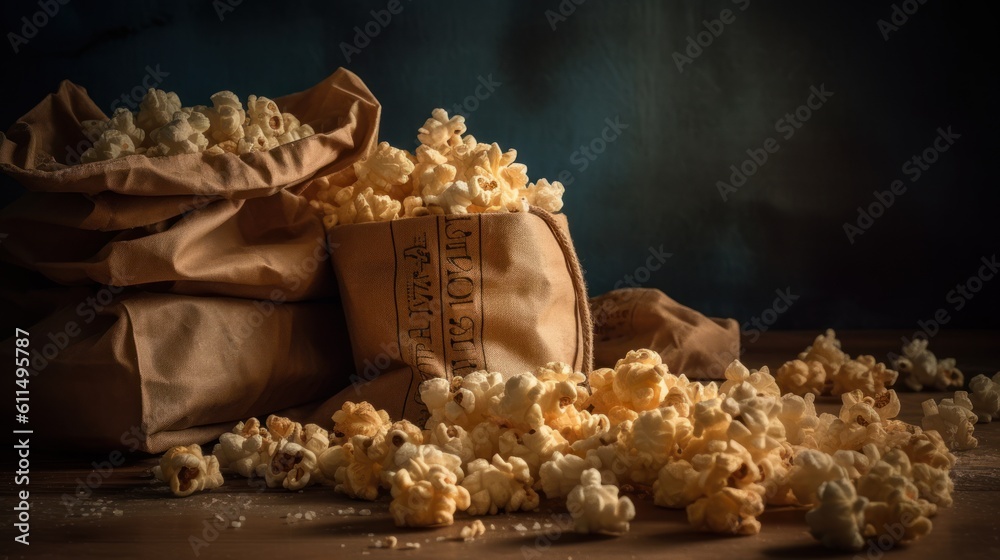 Popcorn in a paper bag , isolated on Dark Background, Popcorn, Ai