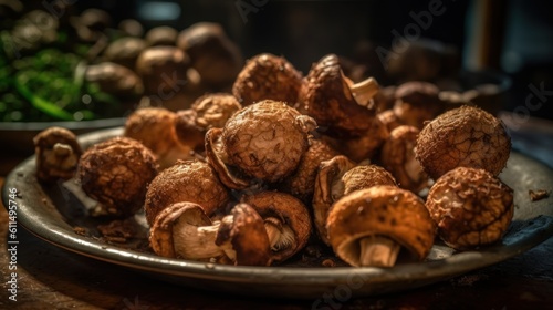 Fried Mushrooms, Fried Mushrooms on Dark Background. Mushrooms. Traditional Food Concept. Ai Generated Art. 