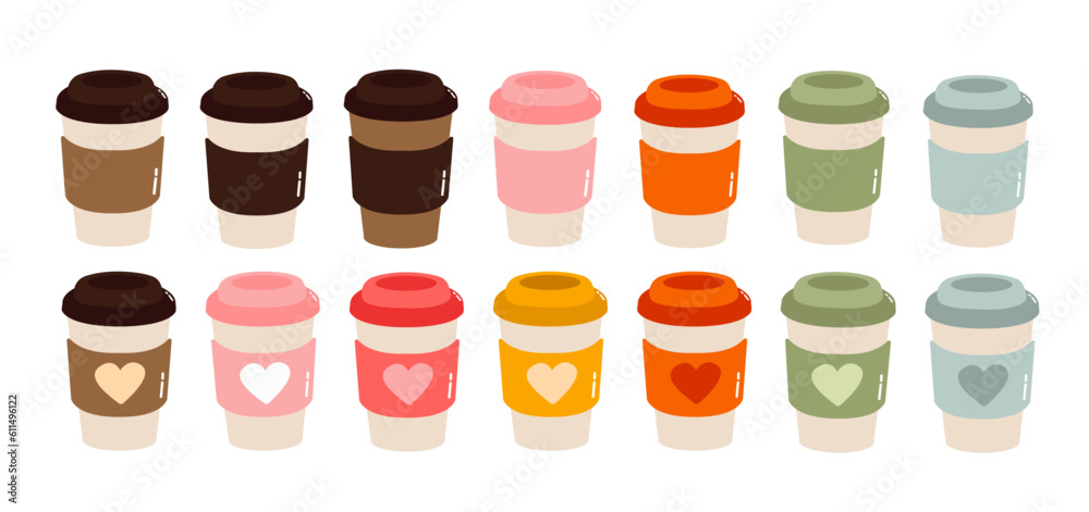Big set of various coffee cups in cartoon flat style with hearts. Sweet fun colored vector set. All elements are isolated. Design for cafeteria, stickers, posters, banners, postcards Big set of various coffee cups in cartoon flat style with hearts. Sweet fun colored vector set. All elements are isolated. Design for cafeteria, stickers, posters, banners, postcards
