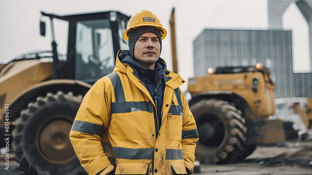 Confident foreman in bright jacket and safety helmet stands on building site against caterpillar vehicle Generative AI Confident foreman in bright jacket and safety helmet stands on building site against caterpillar vehicle Generative AI