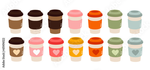 Big set of various coffee cups in cartoon flat style with hearts. Sweet fun colored vector set. All elements are isolated. Design for cafeteria, stickers, posters, banners, postcards